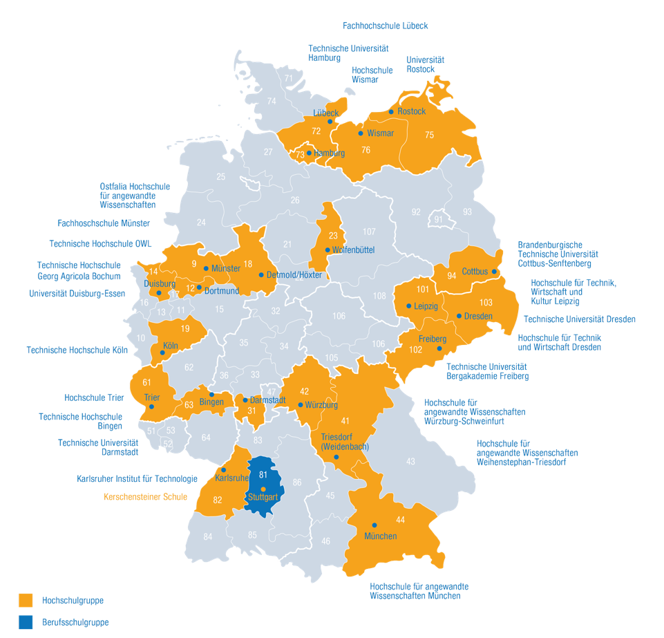 Deutschlandkarte, auf der all die DVGW-Hochschulgruppen und die dazugehörigen DVGW-Landesgruppen eingezeichnet sind.