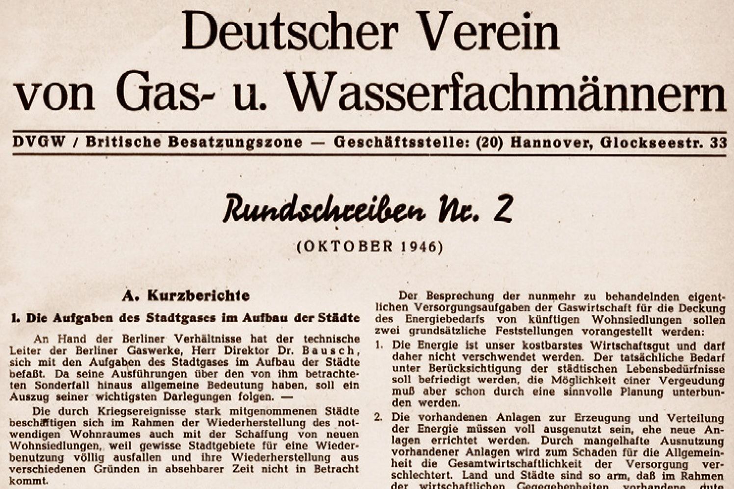 Titelbild des DVGW-Rundschreibens Nr. 2. vom Oktober 1946