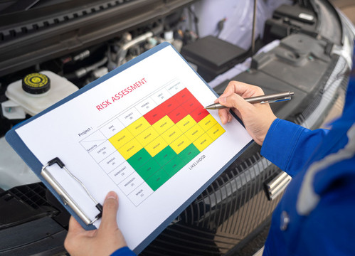 Klemmbrett mit Risk-Assessment-Tabelle