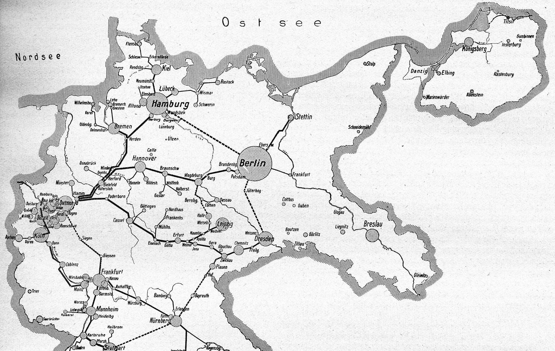 Karte der geplanten Ferngasversorgung in Deutschland 1927