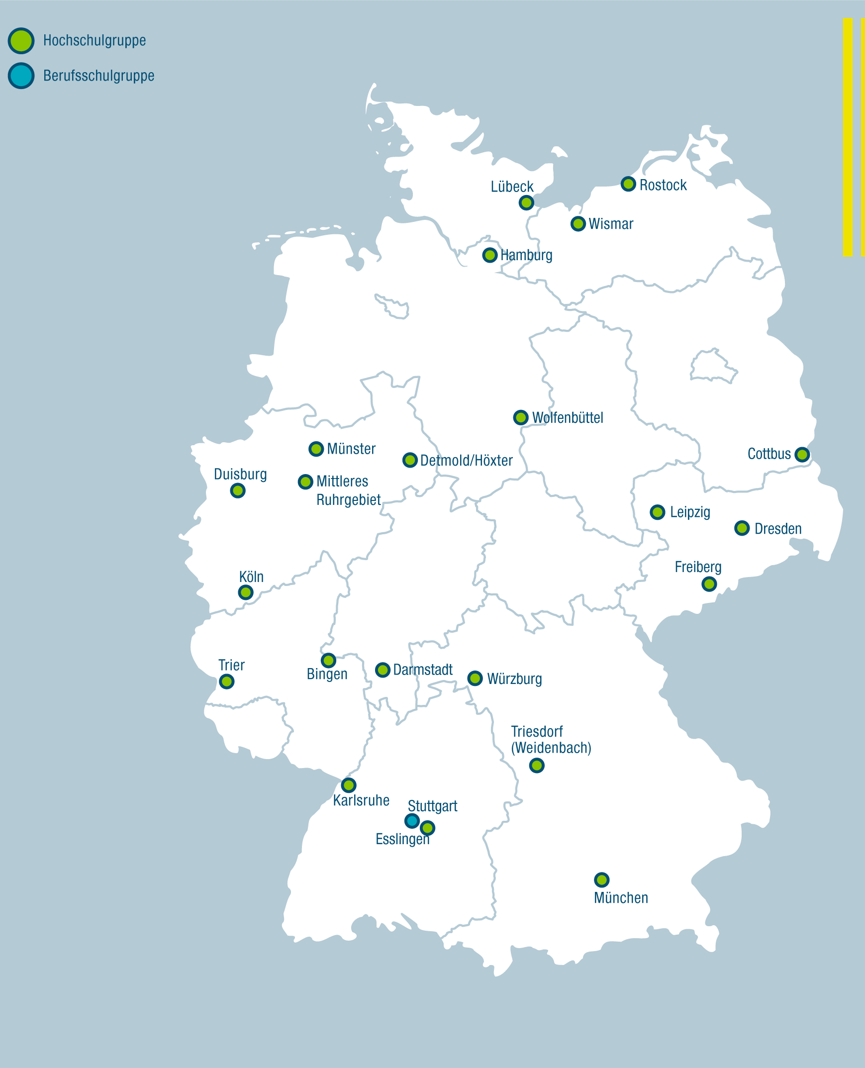 Karte von Deutschland in der die DVGW-Hochschulgruppen markiert sind