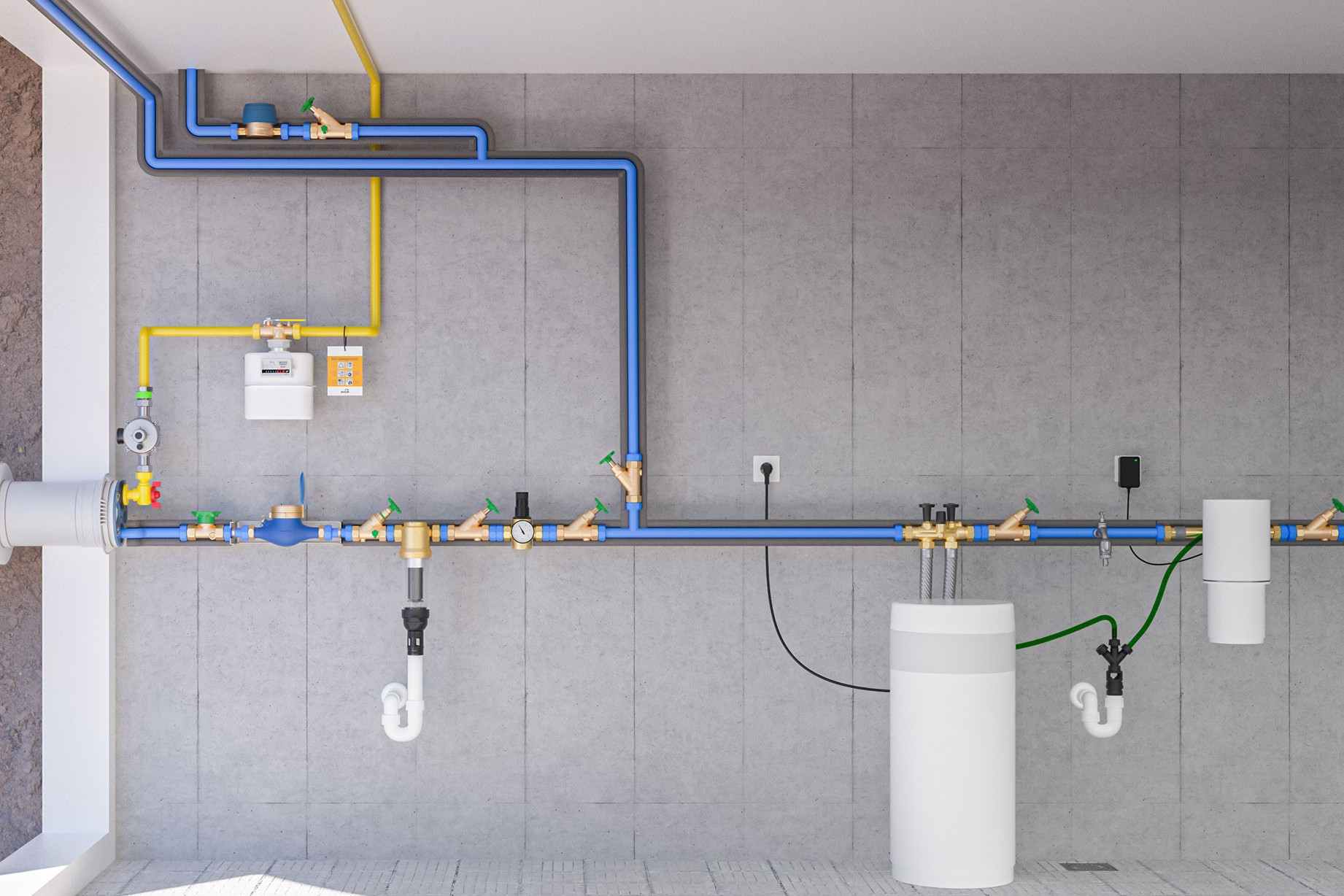 Beispielhafter Hausanschlussraum eines Wohngebäude mit Bauteilen der Gas- und Wasser-Installation 