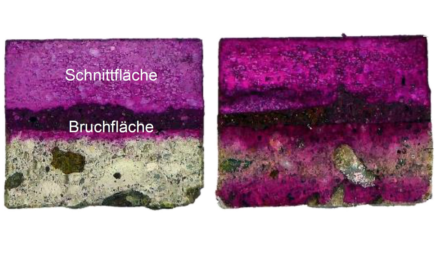 Beton und Instandsetzungsmörtel: Die Alkalisierung wurde durch Phenolphthalein sichtbar gemacht und zeigt sich durch pinke Verfärbungen.